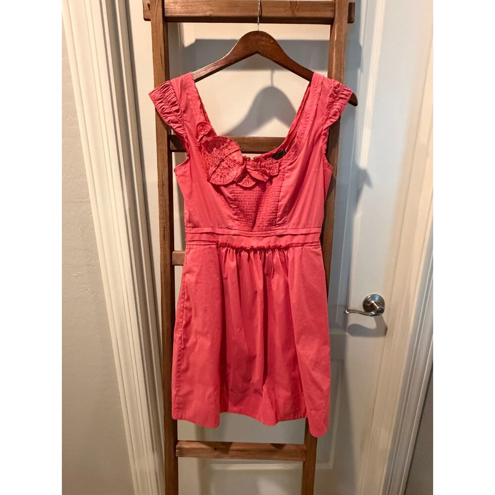 BCBG Maxazria Coral/ Pink Smocked Midi Dress Cap Sleeve Floral Appliqué- Small